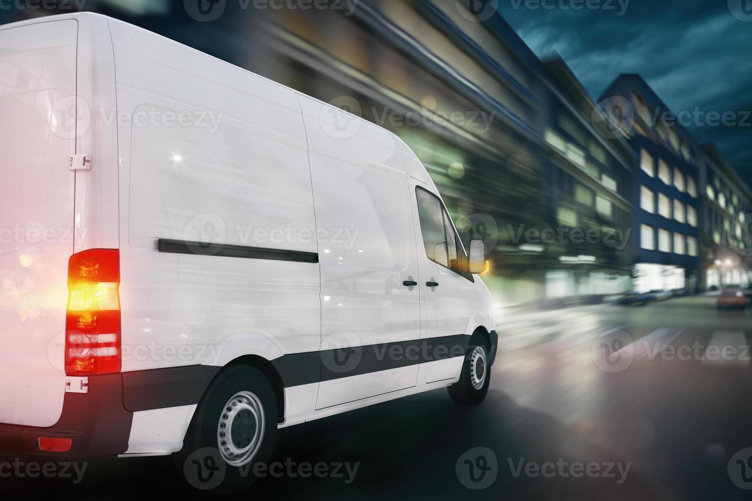 Super fast delivery of package service with a fast moving van on cityscape photo