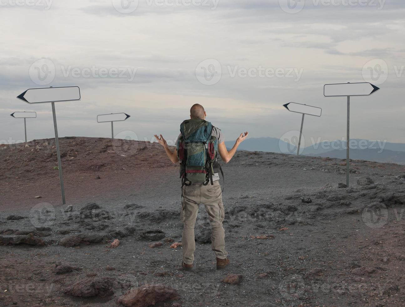 Uncertain explorer is lost in a desert photo