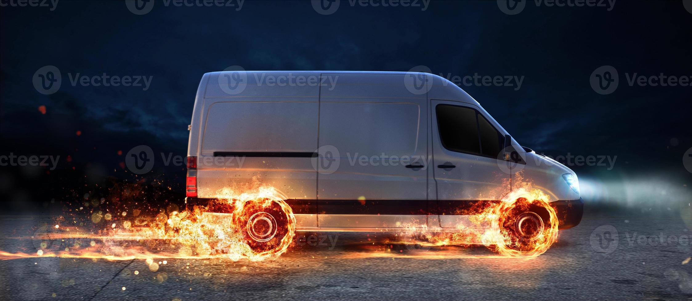 Super fast delivery of package service with van with wheels on fire photo