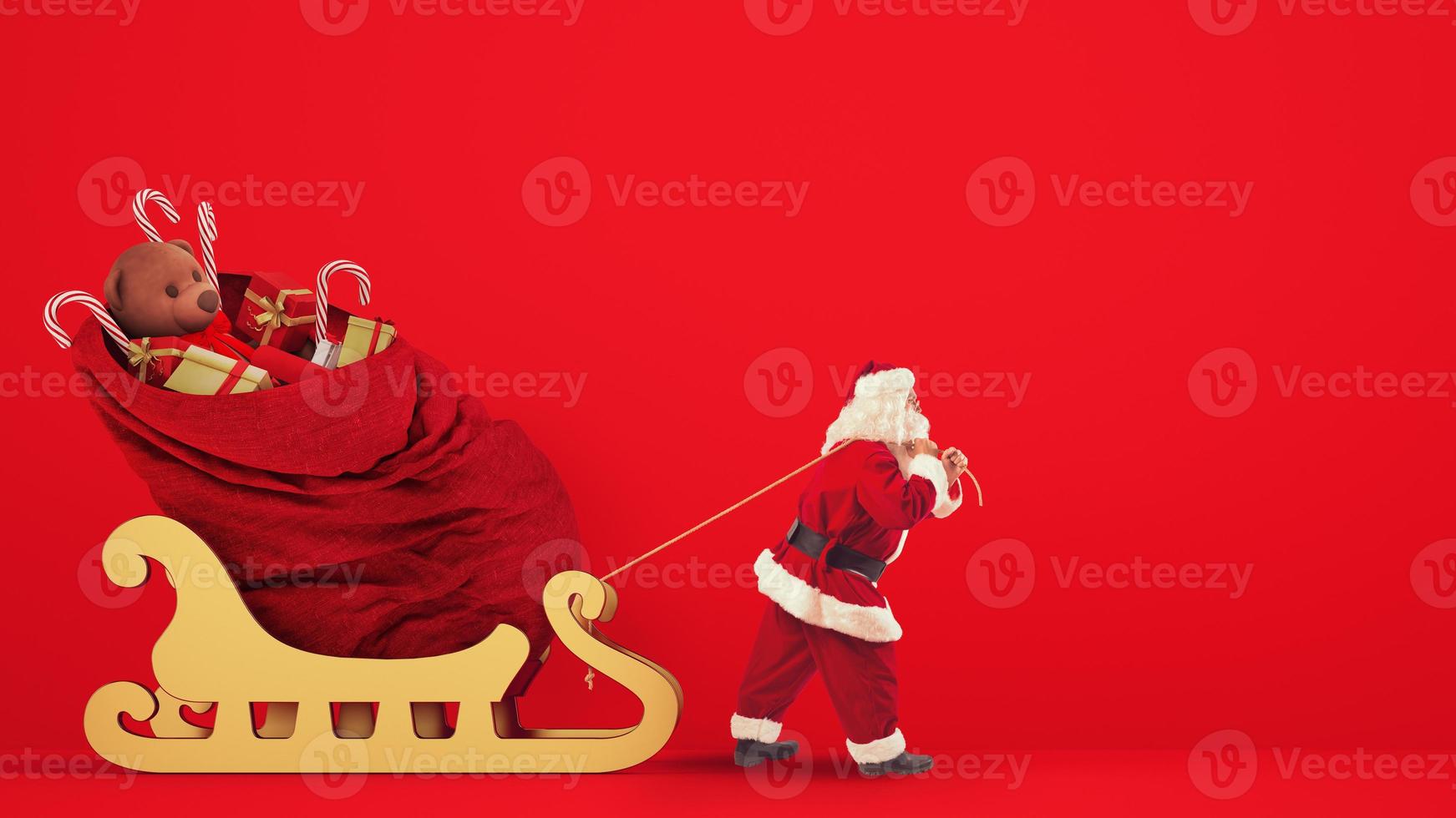 Papa Noel claus arrastra un grande saco lleno de regalos con un dorado trineo en un rojo antecedentes foto