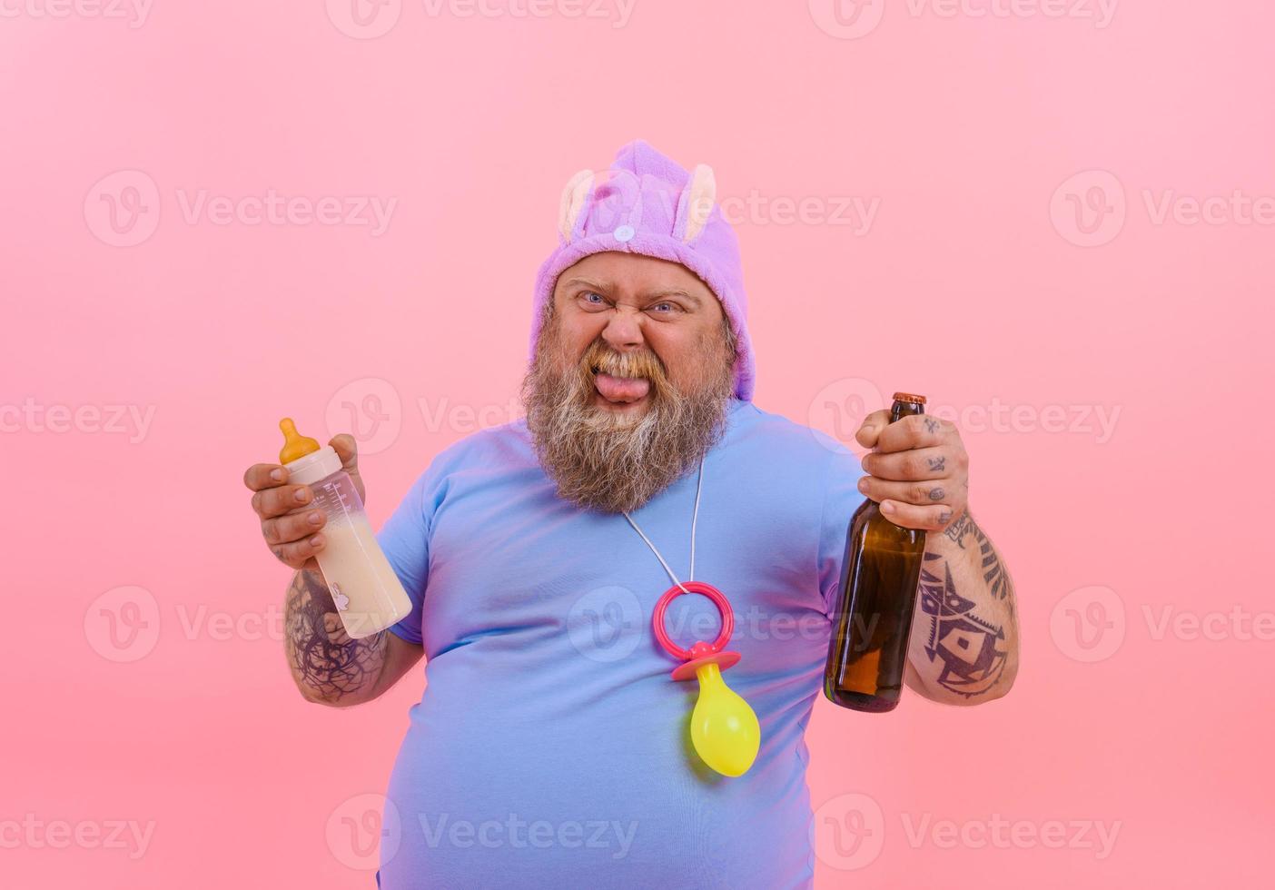 Fat man acts like a baby but drinks beer photo