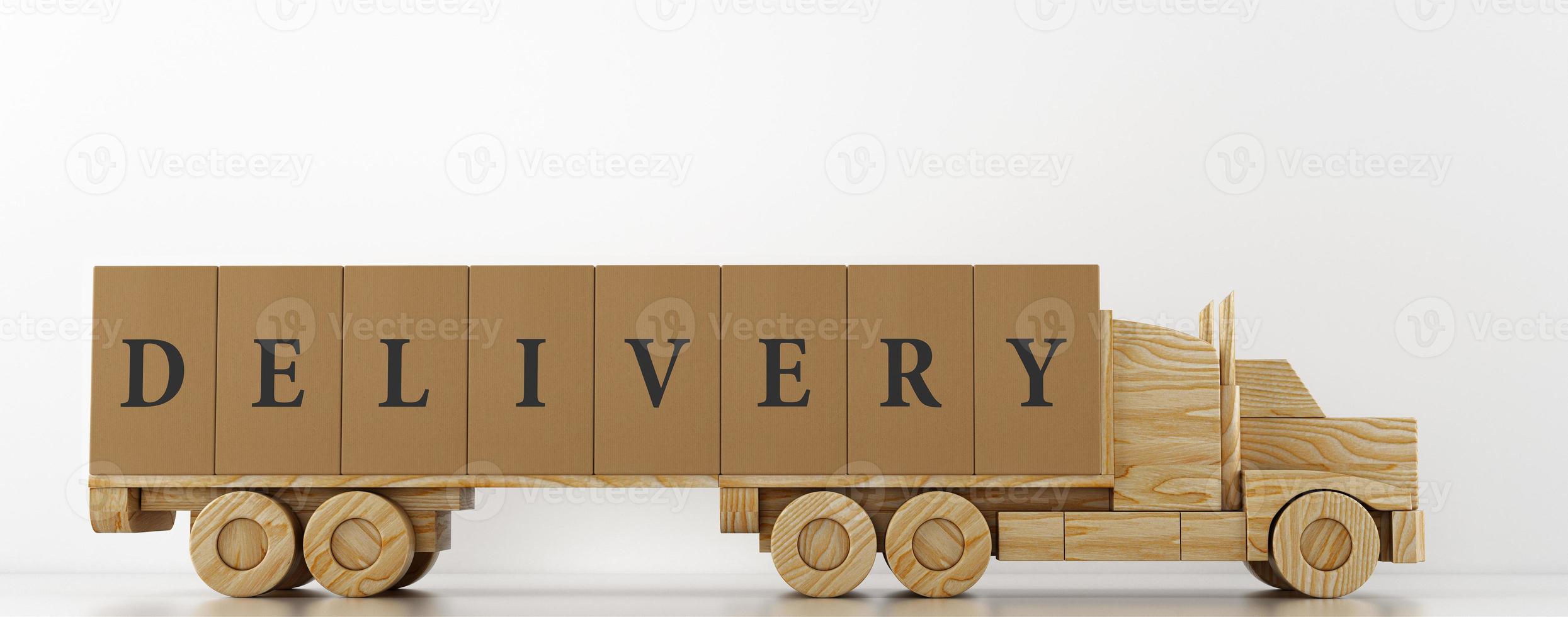 Big cardboard boxes package on a wooden toy truck ready to be delivered on white background photo