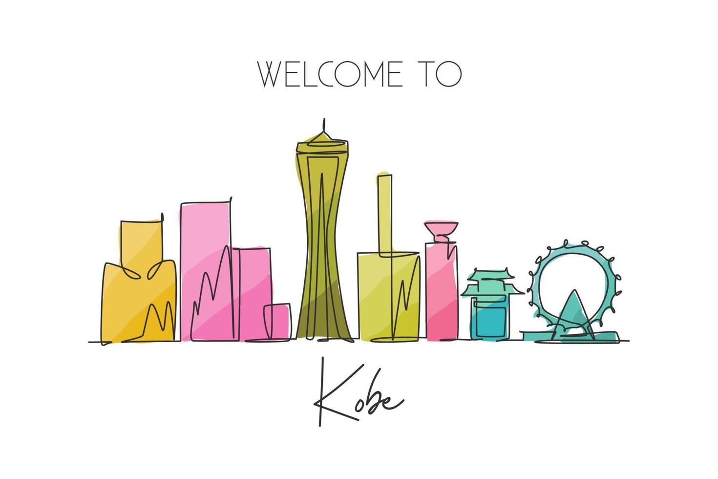 One single line drawing of Kobe city skyline, Japan. Historical town landscape in the world. Best holiday destination poster art. Editable stroke trendy continuous line draw design vector illustration