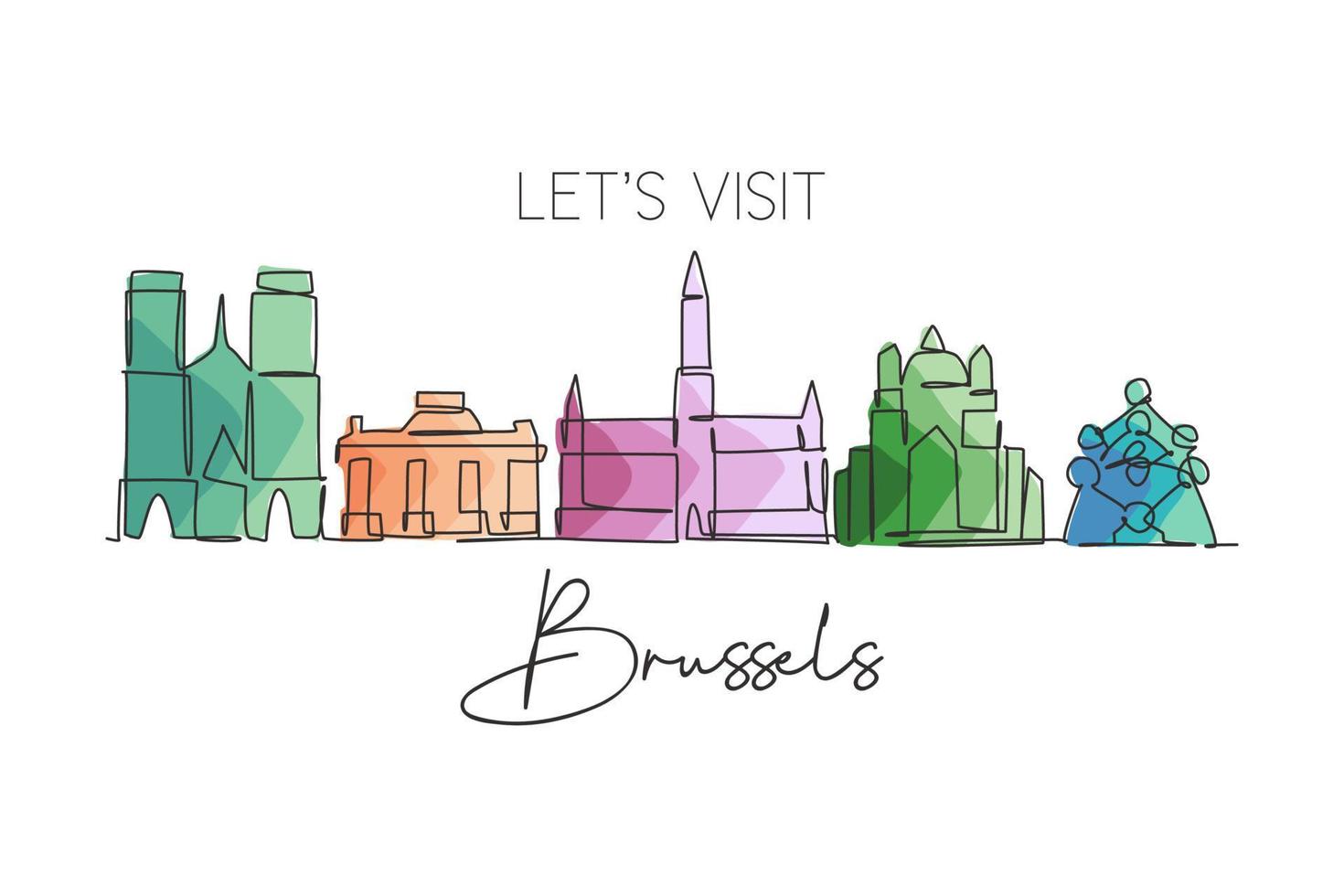 un dibujo de línea continua del horizonte de la ciudad de bruselas, bélgica. hermoso rascacielos. Impresión del cartel de la decoración de la pared del hogar del viaje del turismo del paisaje mundial. ilustración vectorial de diseño de dibujo de una sola línea editable vector