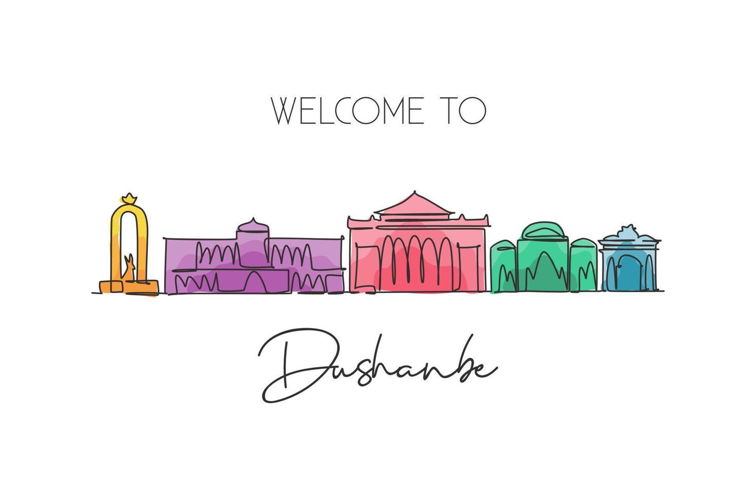 One single line drawing of Dushanbe city skyline, Tajikistan. World historical town landscape. Best holiday destination postcard. Editable stroke trendy continuous line draw design vector illustration