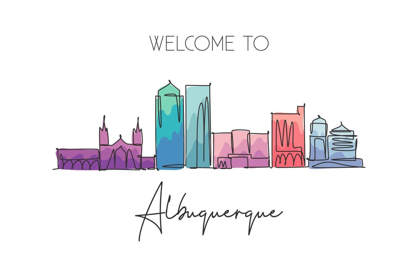 dibujo de una sola línea continua del horizonte de la ciudad de albuquerque, nuevo méxico. famoso paisaje de la ciudad. concepto de viaje mundial hogar pared decoración cartel impresión arte. Ilustración de vector de diseño de dibujo de una línea moderna