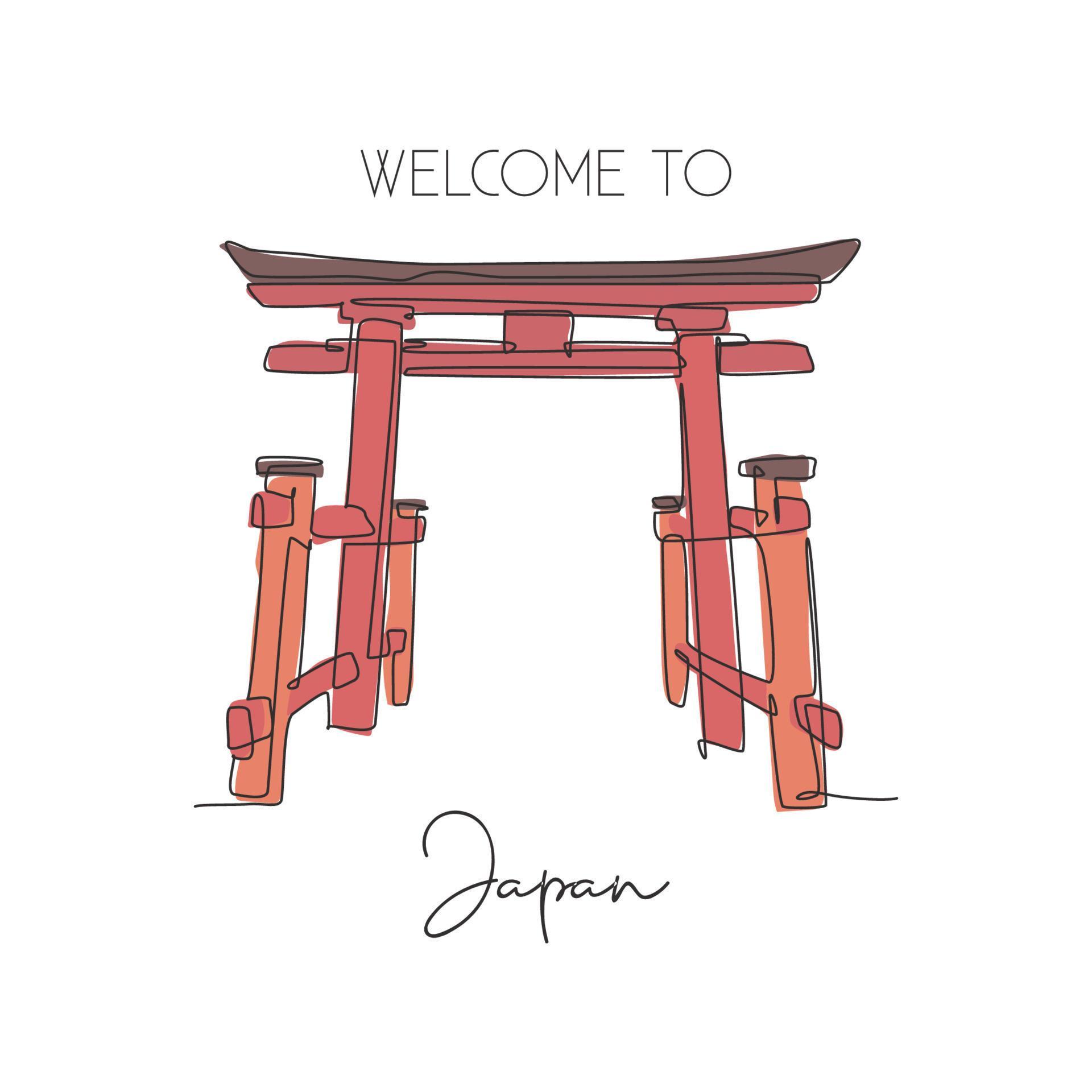 One continuous line drawing Torii Gate landmark greeting. World iconic