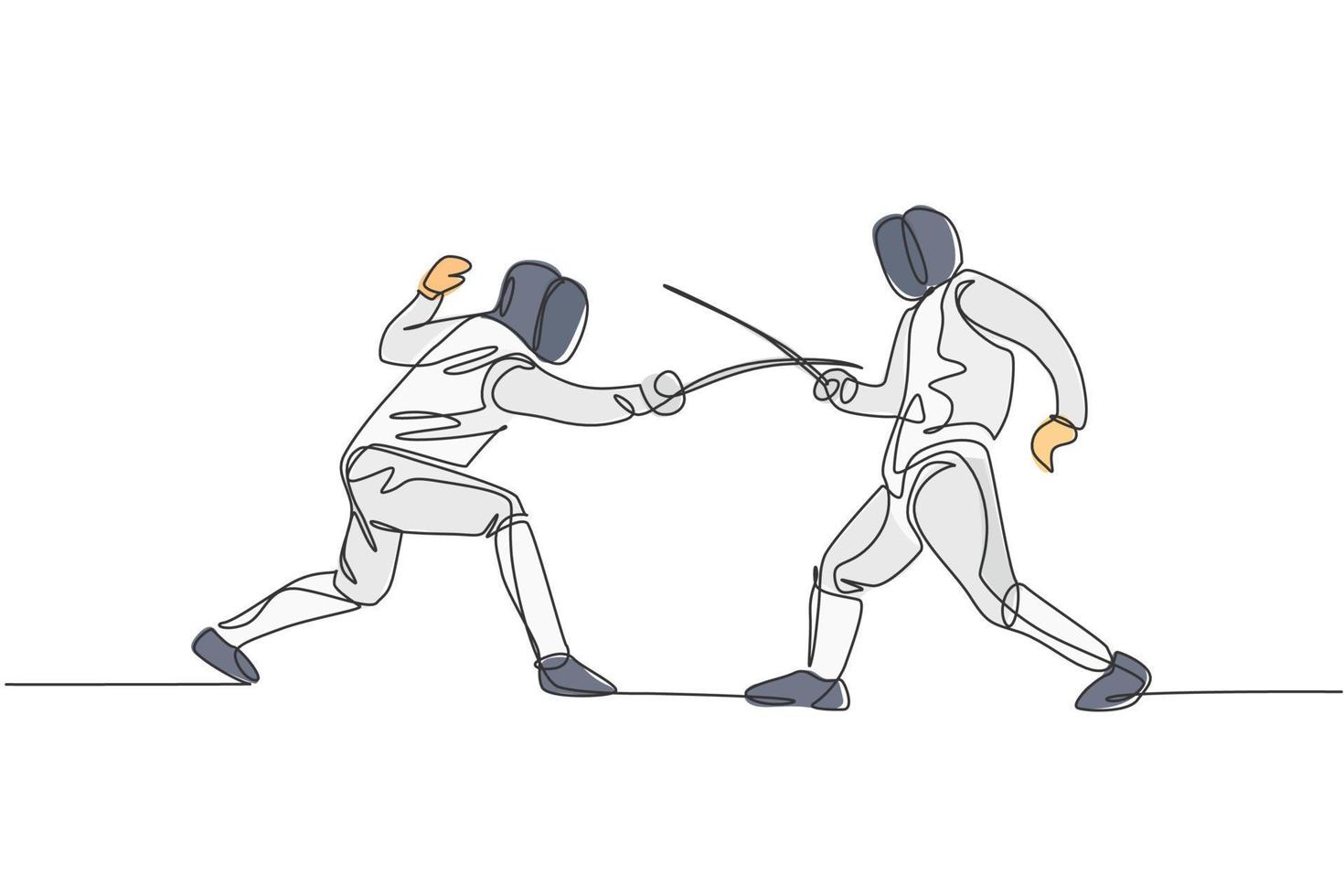 One continuous line drawing of two men fencing athlete practice fighting on professional sport arena. Fencing costume and holding sword concept. Dynamic single line draw design vector illustration