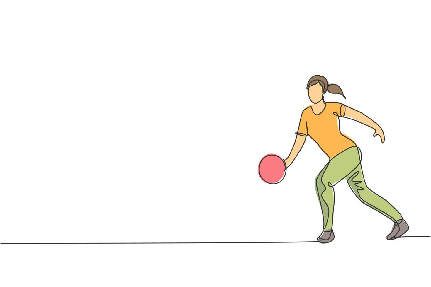 un dibujo de línea continua de una joven y feliz jugadora de bolos que tira la pelota al carril para golpear el alfiler. concepto de actividad de estilo de vida y deporte saludable. Ilustración de vector de diseño de dibujo de línea única dinámica