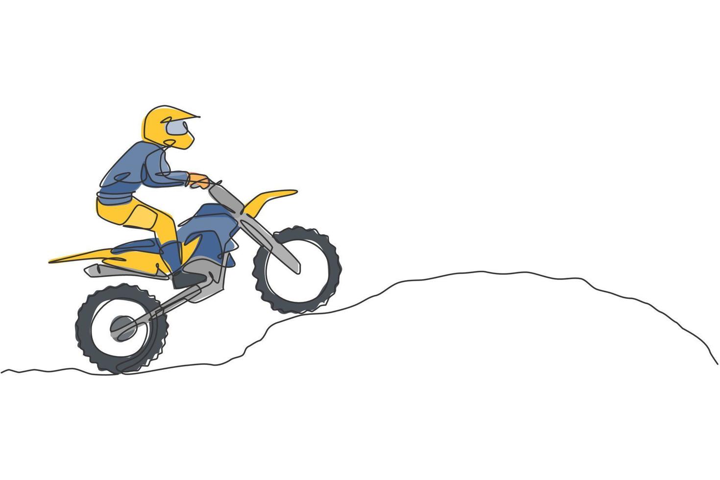 un dibujo de línea continua de un joven piloto de motocross escalar un montículo de tierra en la pista de carreras. concepto de deporte extremo. Ilustración de vector de diseño de dibujo de línea única dinámica para cartel de competición de motocross