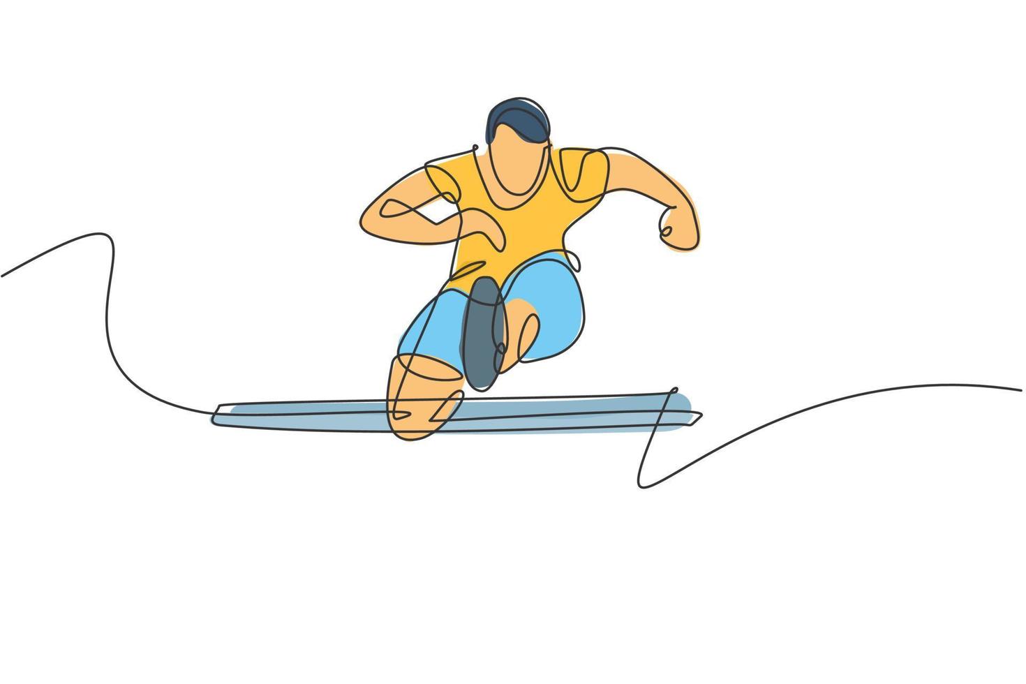 One continuous line drawing of young sporty man runner jumping obstacle while run. Health activity sport concept. Dynamic single line draw design vector illustration for running event promotion poster