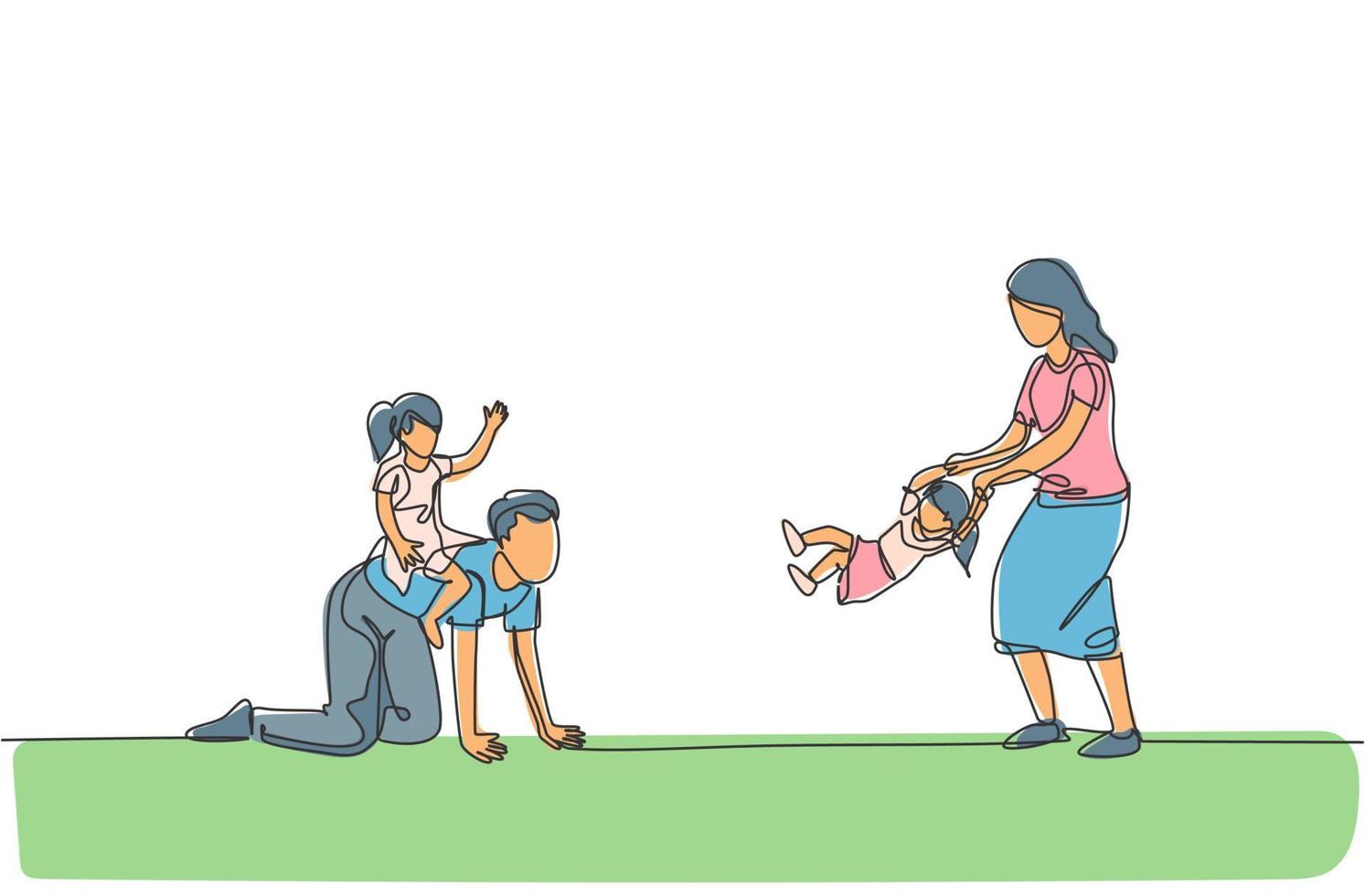 Dibujo De Una Sola Línea Continua De Una Madre Joven Y Un Padre Jugando Con Su Hijo E Hija En Dibujo De Una Sola Línea Continua De Una Madre Joven Y Un Padre Jugando Con Su Hijo E Hija En