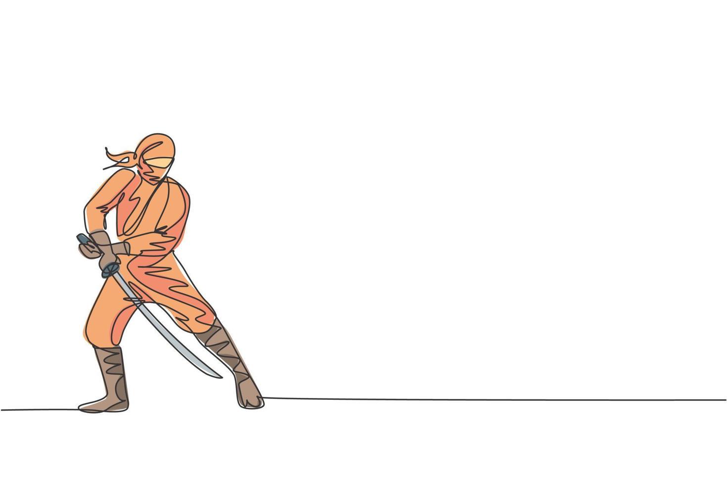 dibujo de una sola línea continua de un joven guerrero ninja de la cultura japonesa disfrazado de máscara con pose de posición de ataque. concepto de samurai de lucha de artes marciales. ilustración de vector de diseño de dibujo de una línea de moda