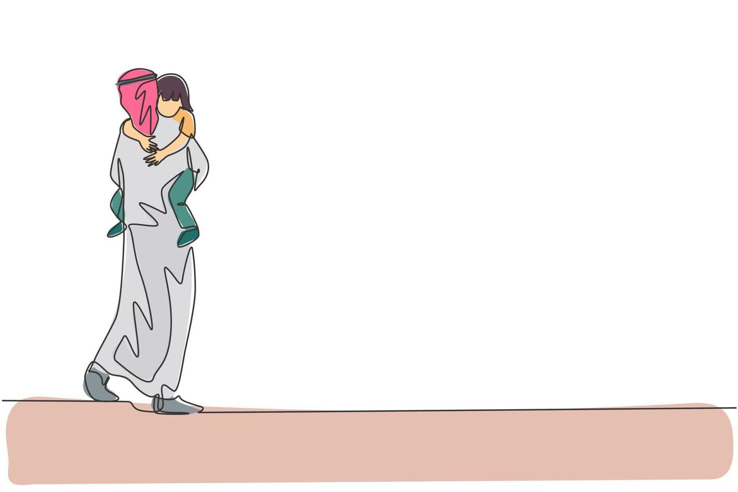 One single line drawing of young Islamic dad carrying and hugging his sleepy daughter to bedroom vector illustration. Happy Arabian muslim family parenting concept. Modern continuous line draw design