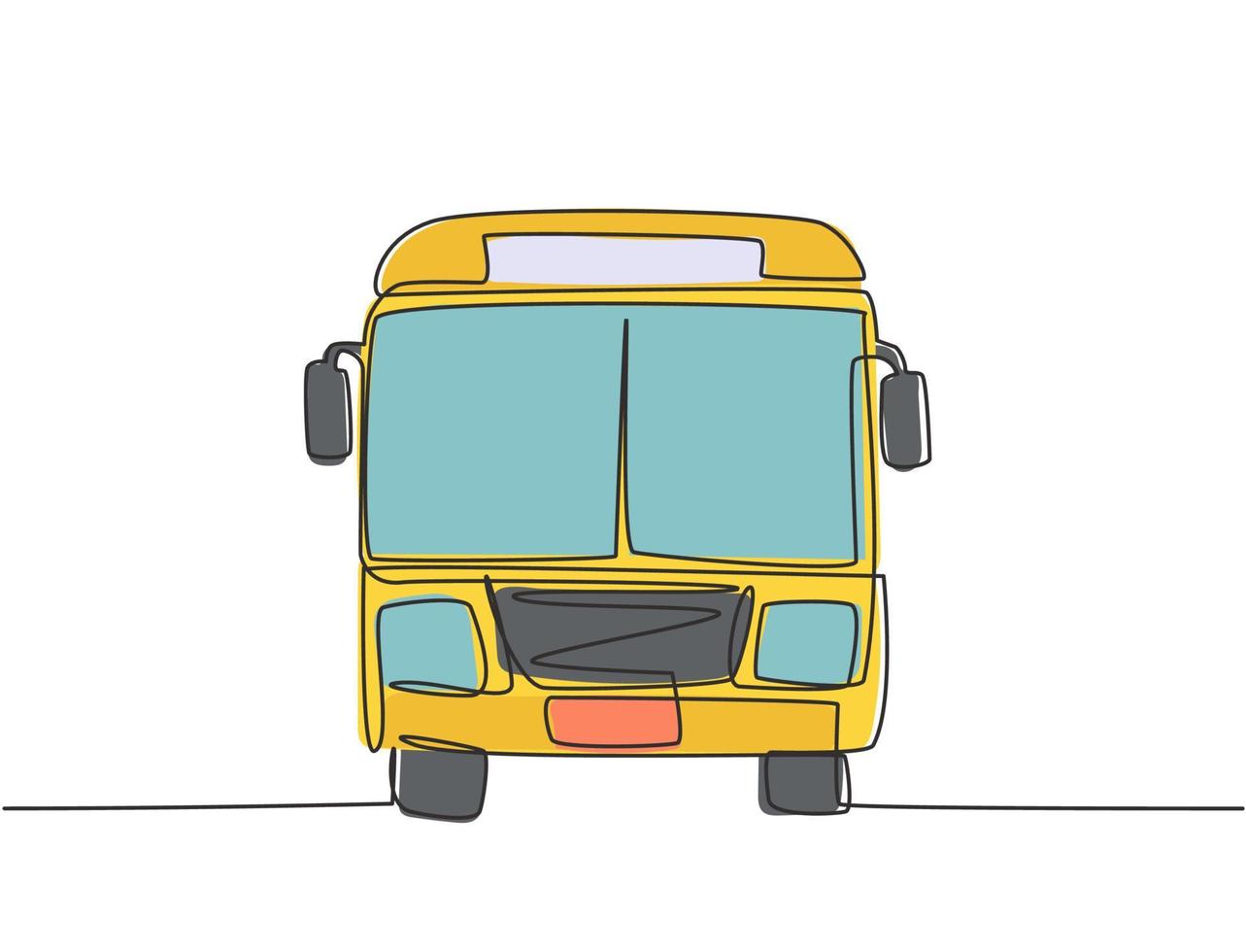 Continuous one line drawing front view of bus that is stopped at the bus stop waiting for passengers to get on and off, then continue their journey. Single line draw design vector graphic illustration