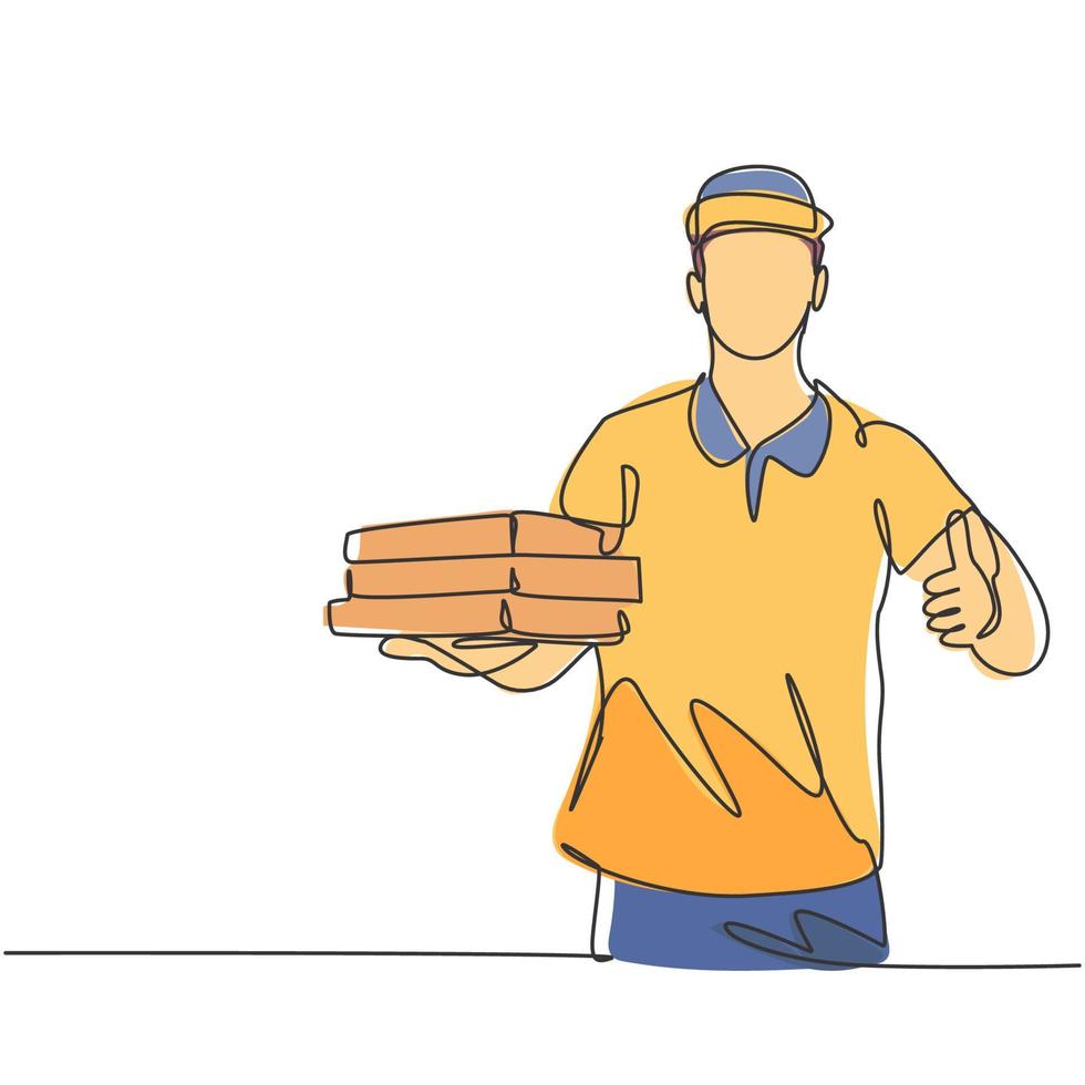 One line drawing of young pizza delivery man gives thumbs up gesture while deliver the package to customer. Food delivery service business concept. Continuous line draw design vector graphic