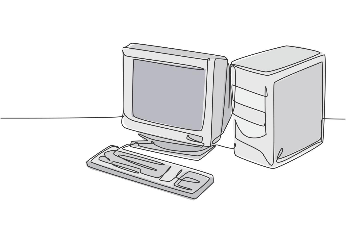 Single continuous line drawing of of retro old classic personal computer processor unit. Vintage cpu with analog monitor and keyboard item concept one line draw design vector illustration graphic