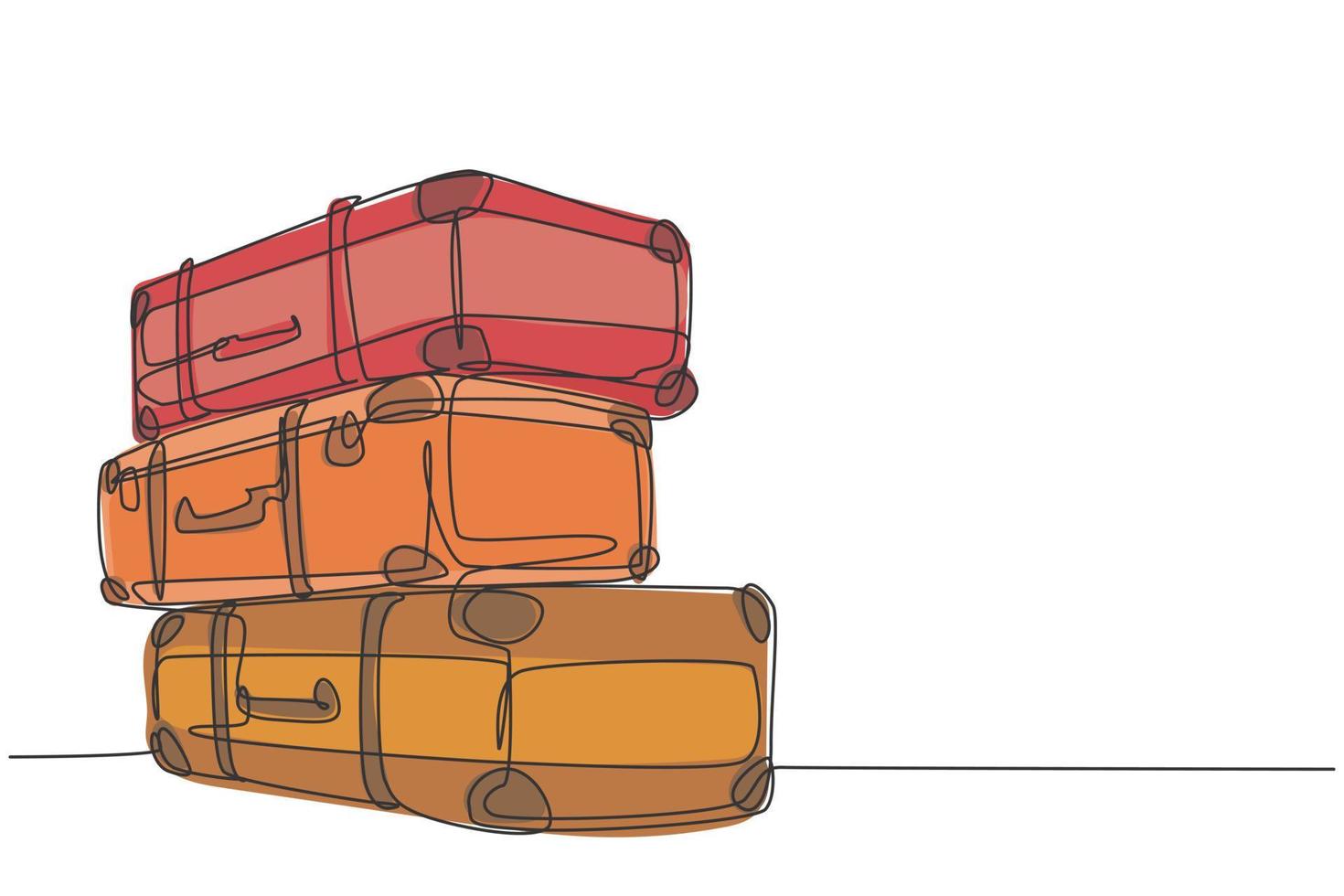 One continuous line drawing of old retro vintage leather suitcases stack. Classic travelling item concept single line draw graphic design vector illustration