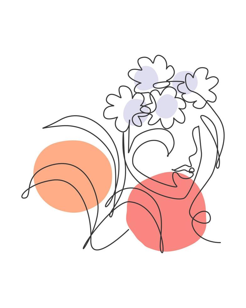One single line drawing beauty abstract face with natural flowers vector illustration. Woman portrait minimalistic style concept for wall art decor print. Modern continuous line draw graphic design