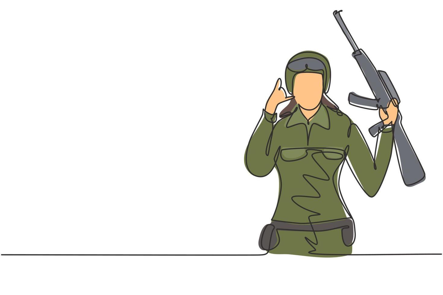 Single continuous line drawing female soldier with call me gesture, weapon and uniform is ready to defend country on battlefield against enemy. Dynamic one line draw graphic design vector illustration