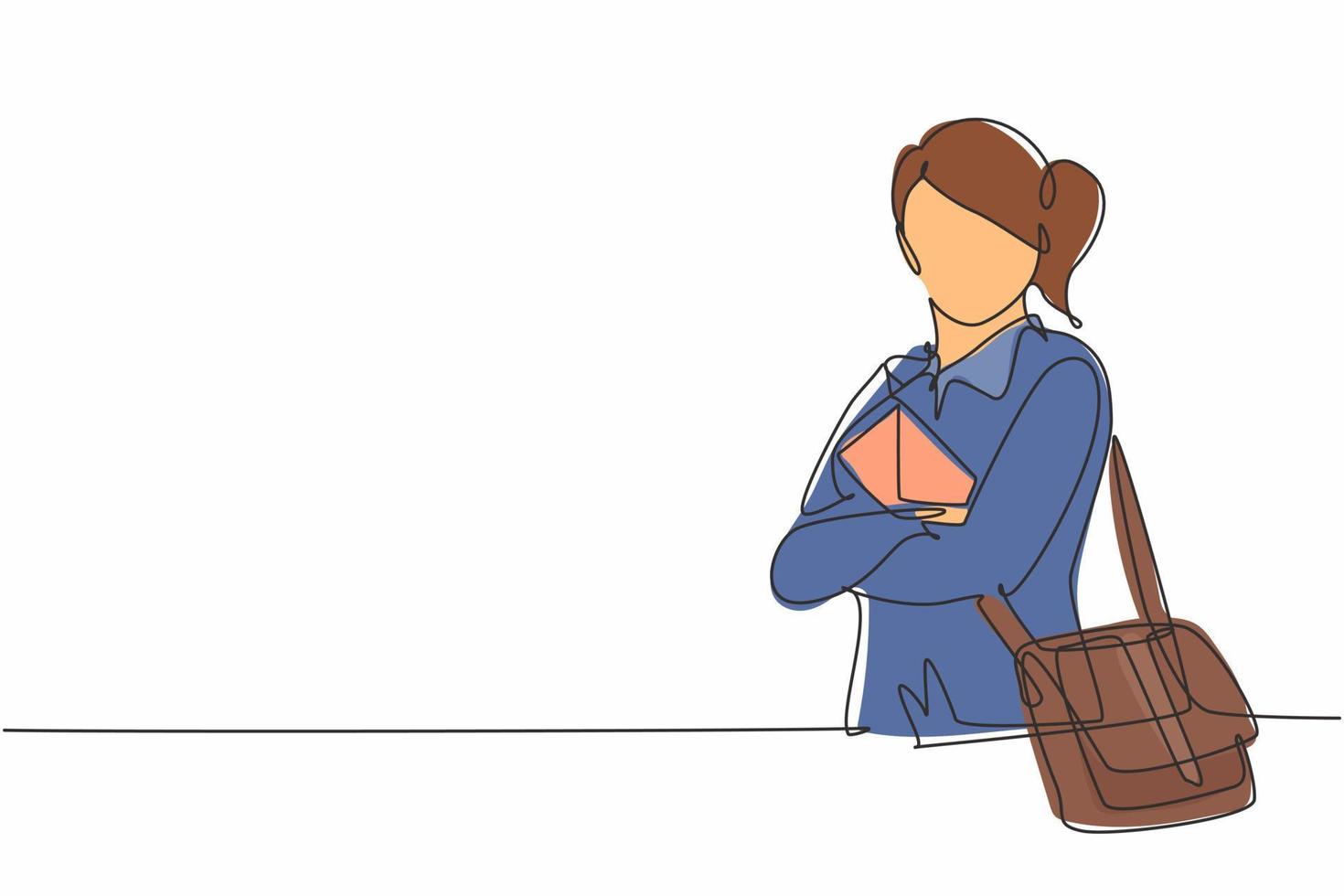 Single one line drawing of young postwoman holding letter and pose cross arms. Professional work profession and occupation minimal concept. Continuous line draw design graphic vector illustration