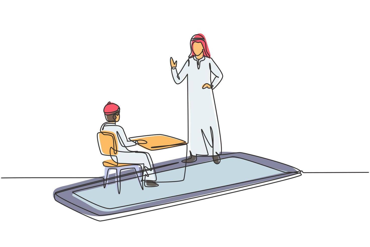 Continuous one line drawing hijab female patient shaking hands with female doctor in smartphone holding clipboard. Online medical consultation. Single line draw design vector graphic illustration