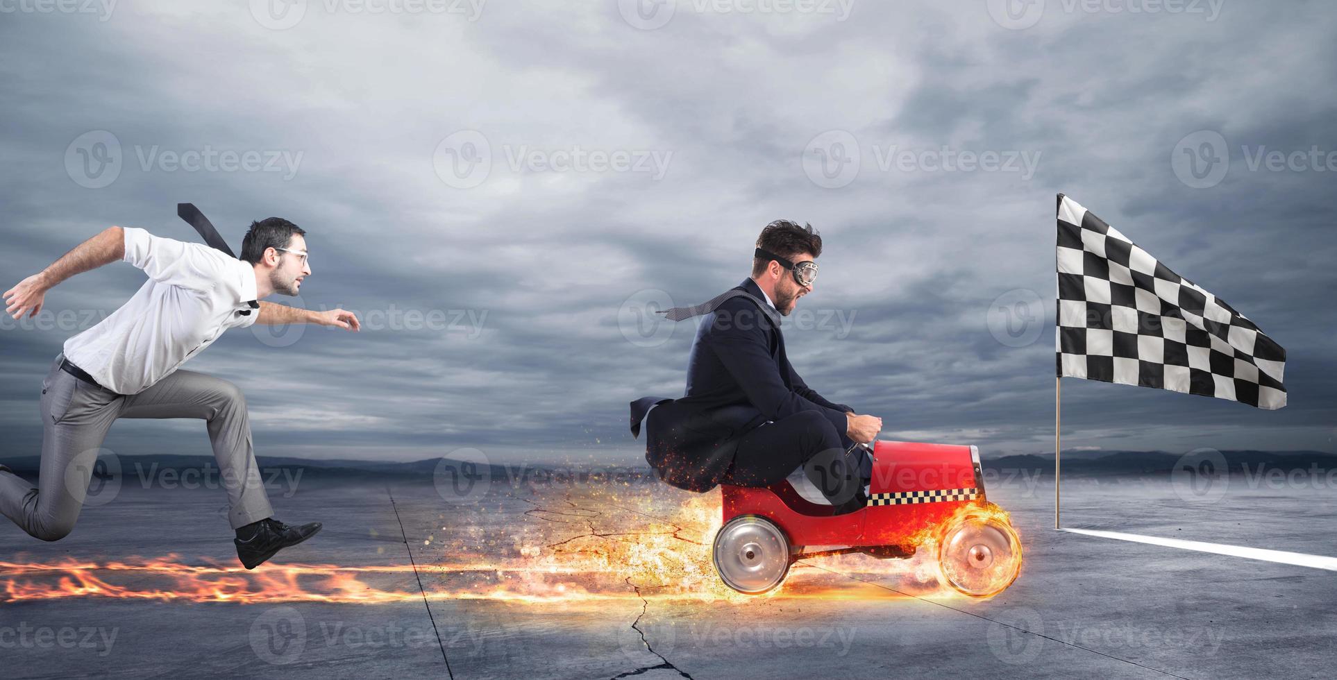 Fast businessman with a car wins against the competitors. Concept of success and competition photo