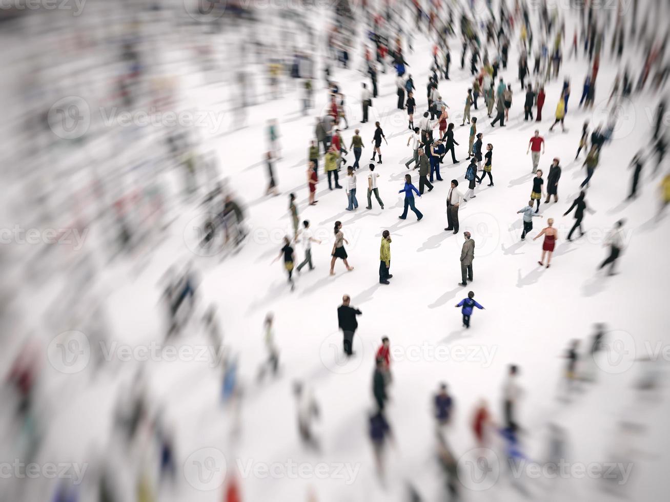 Fast zoom focus on a large group of people on white background. 3D Rendering. photo