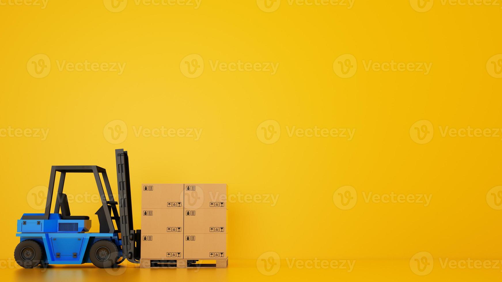 Electric blue forklift loads a wooden pallet with boxes on yellow background photo