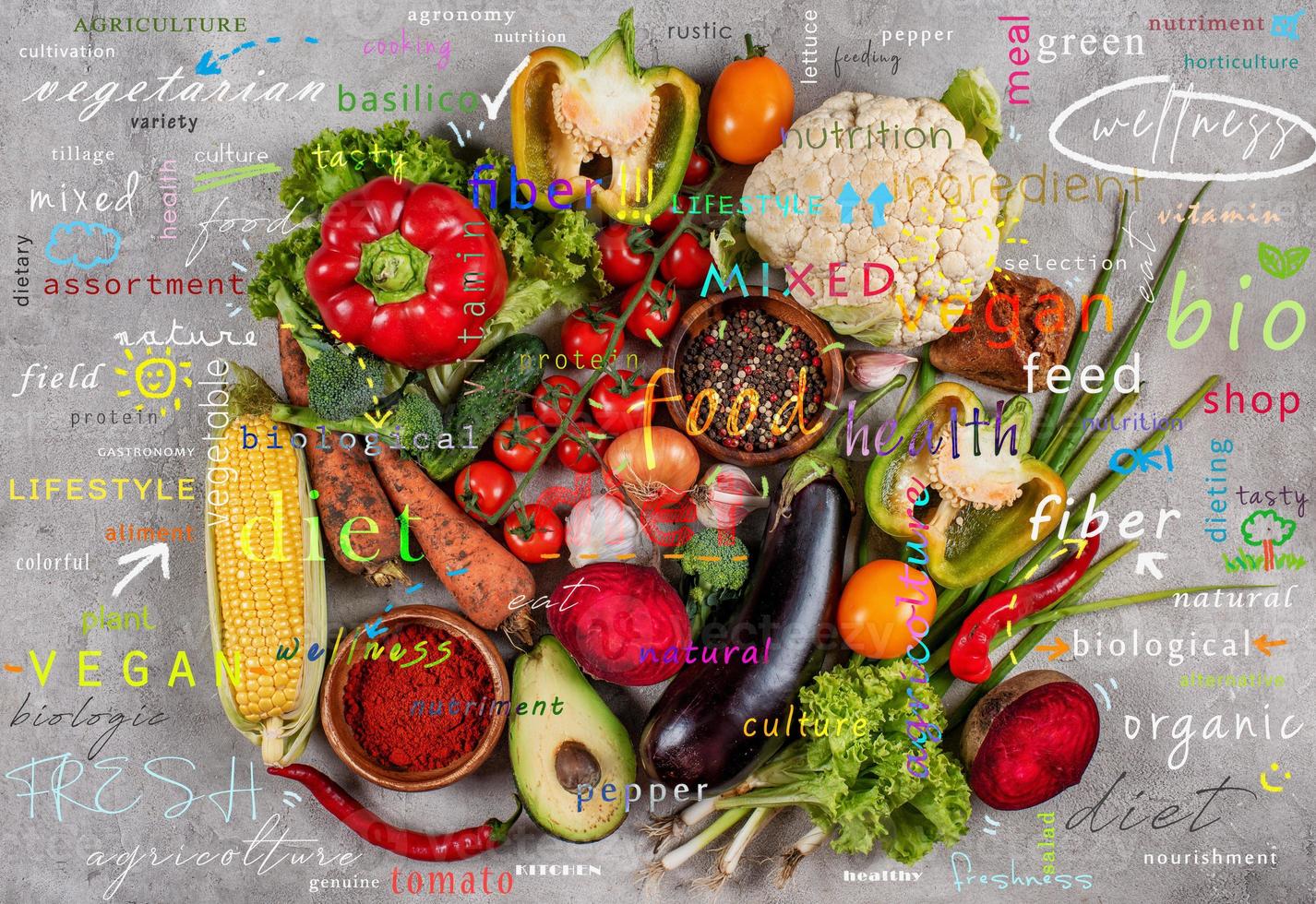 Healthy background of vegetable. Concept of genuine food. Colorful text with most important terms photo