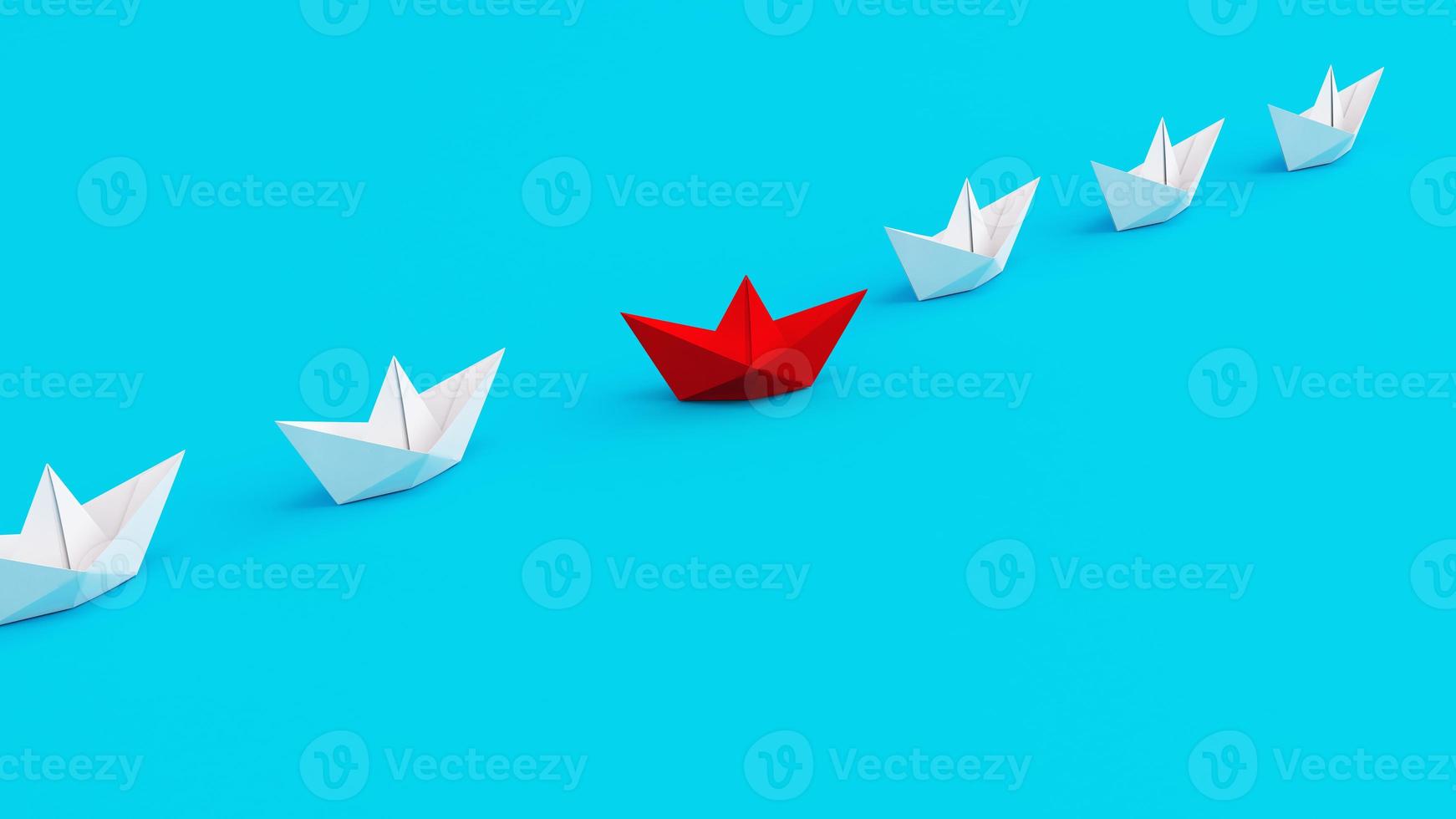 White paperboats in one direction with one red paperboat changing direction on cyan background. Being innovative and creative in life and business. photo