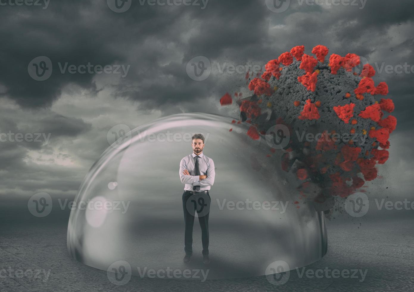 Businessman safely inside a shield dome during coronavirus pandemic. Protection and safety concept photo