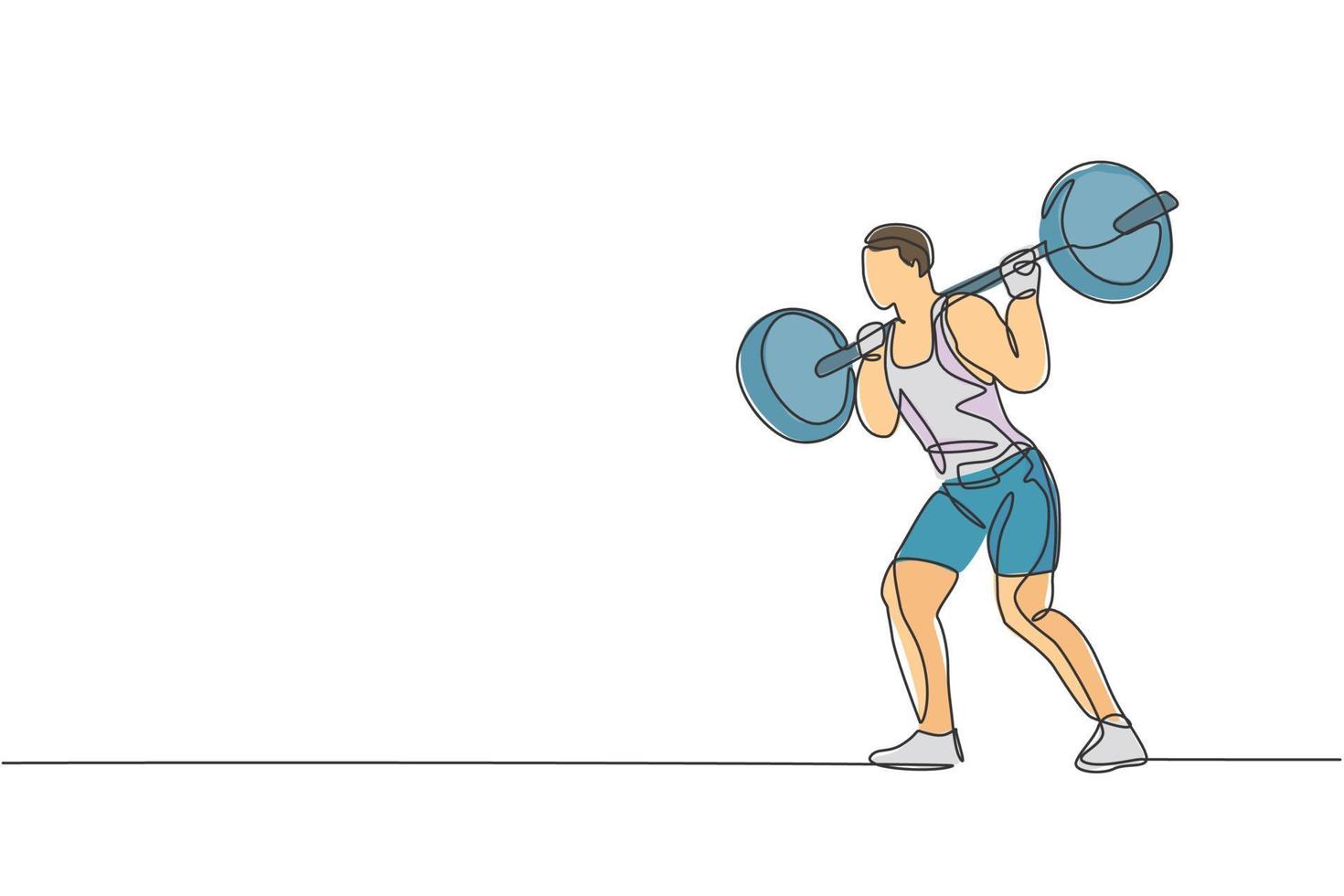 dibujo de una sola línea continua de un joven levantador de pesas fuerte que se prepara para hacer ejercicio con pesas en el gimnasio. concepto de entrenamiento de levantamiento de pesas. gráfico de ilustración vectorial de diseño de dibujo de una línea de moda vector