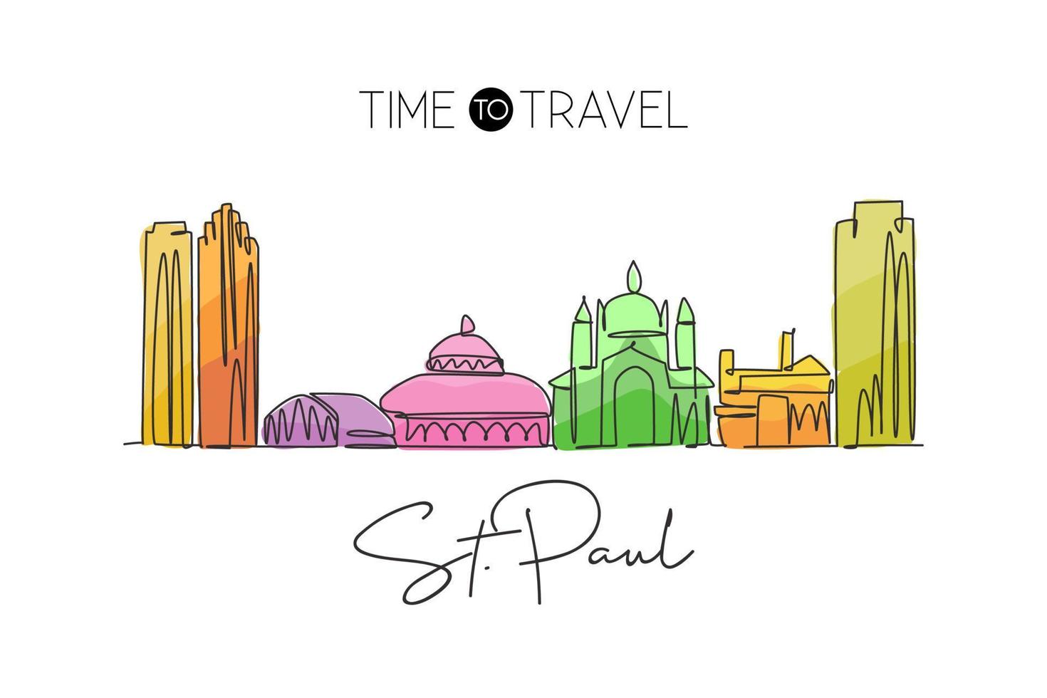 One continuous line drawing Saint Paul city skyline, Minnesota. Beautiful landmark. World landscape tourism travel vacation poster. Editable stylish stroke single line draw design vector illustration