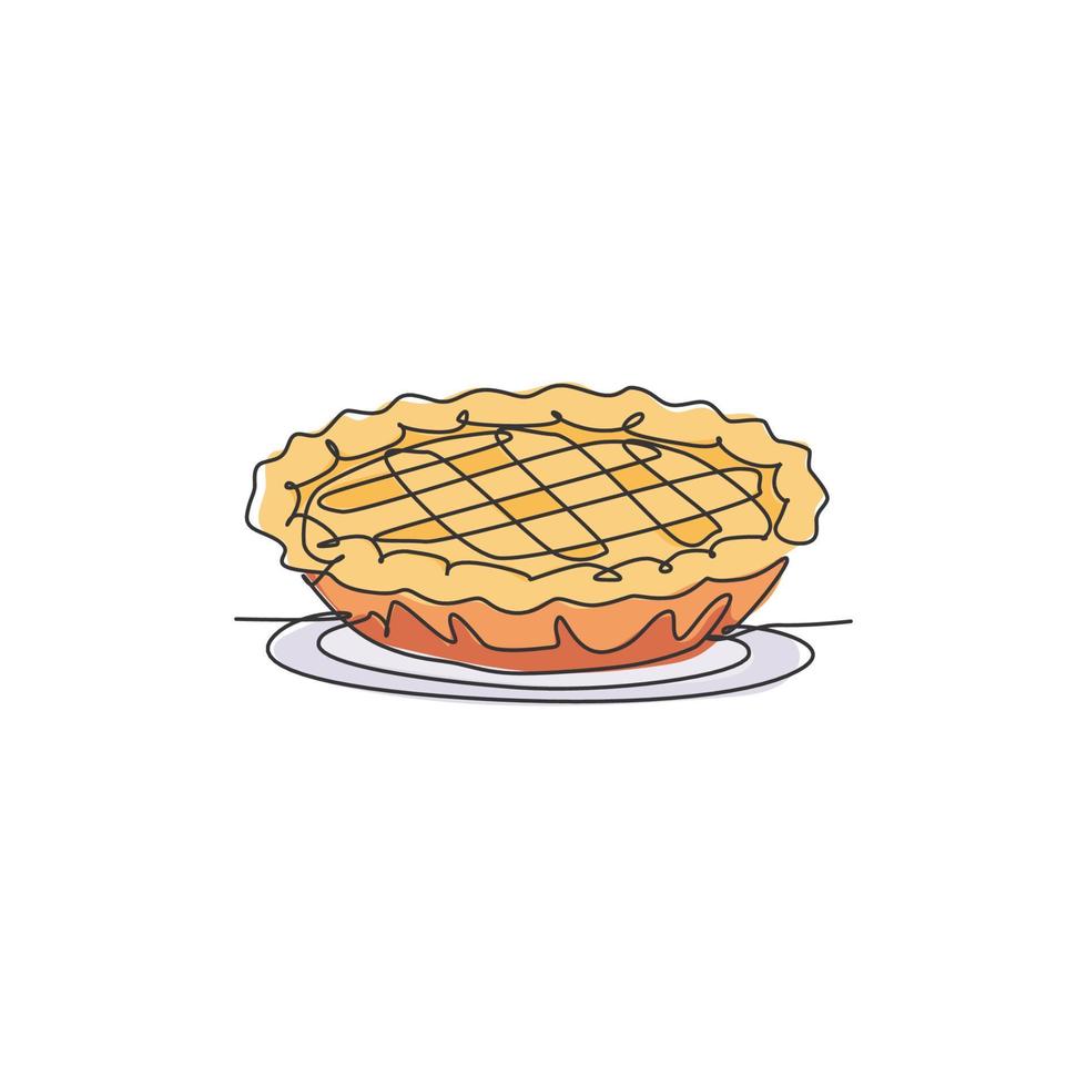 Single continuous line drawing of stylized delicious apple pie for cake logo art label. Pastry shop concept. Modern one line draw design vector graphic illustration cake food service