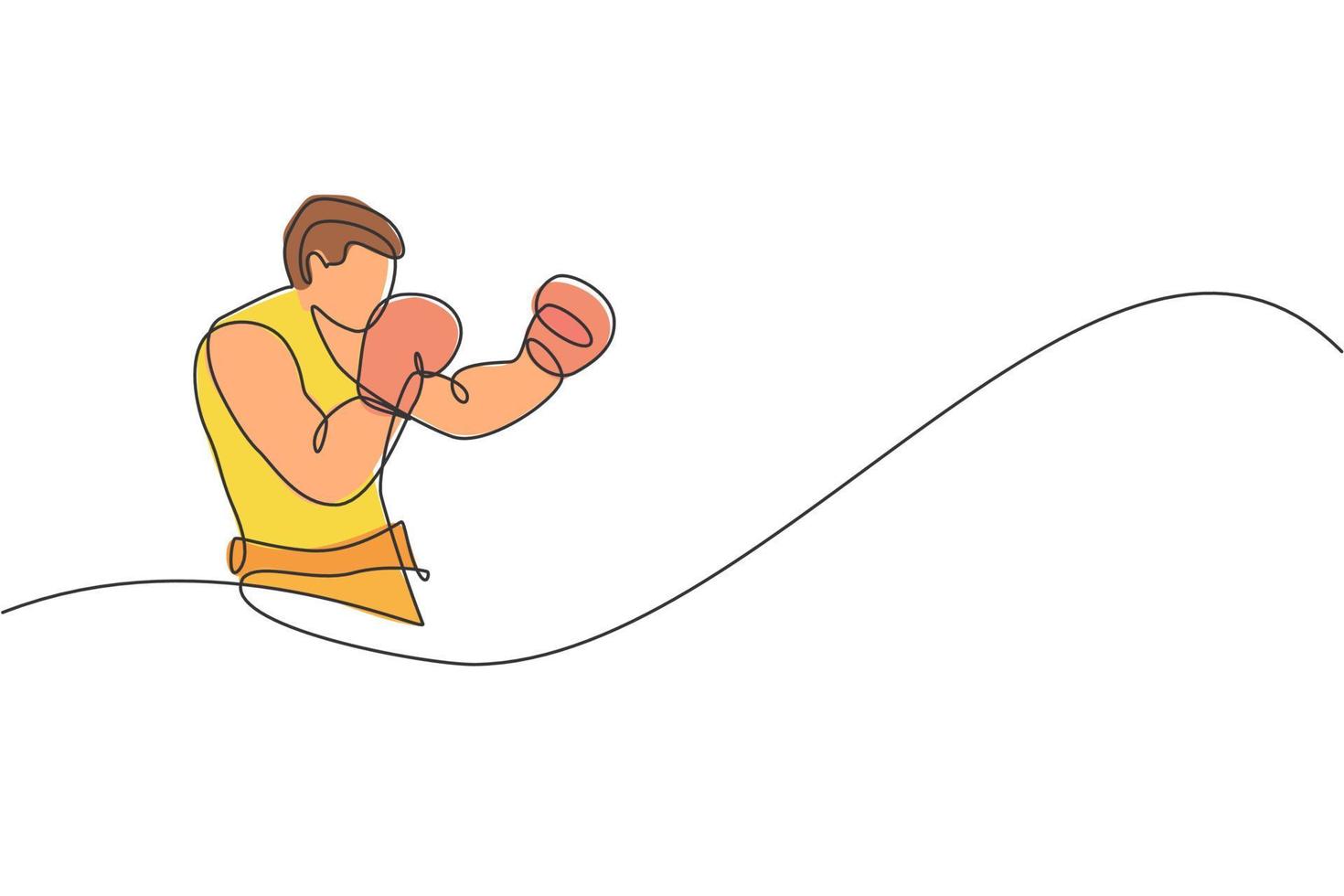 One continuous line drawing of young sporty man boxer train his defense stance. Competitive combat sport concept. Dynamic single line draw design vector illustration for boxing match promotion poster