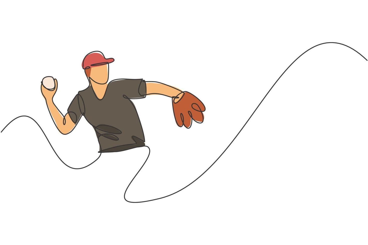un dibujo de línea continua de la práctica de enfoque del joven jugador de béisbol deportivo para lanzar la pelota. concepto de deporte competitivo. ilustración de vector de diseño de dibujo de línea única dinámica para cartel de promoción