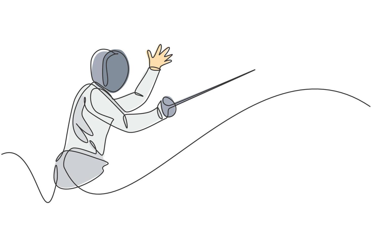 One continuous line drawing of young man fencing athlete practice fighting on professional sport arena. Fencing costume and holding sword concept. Dynamic single line draw design vector illustration