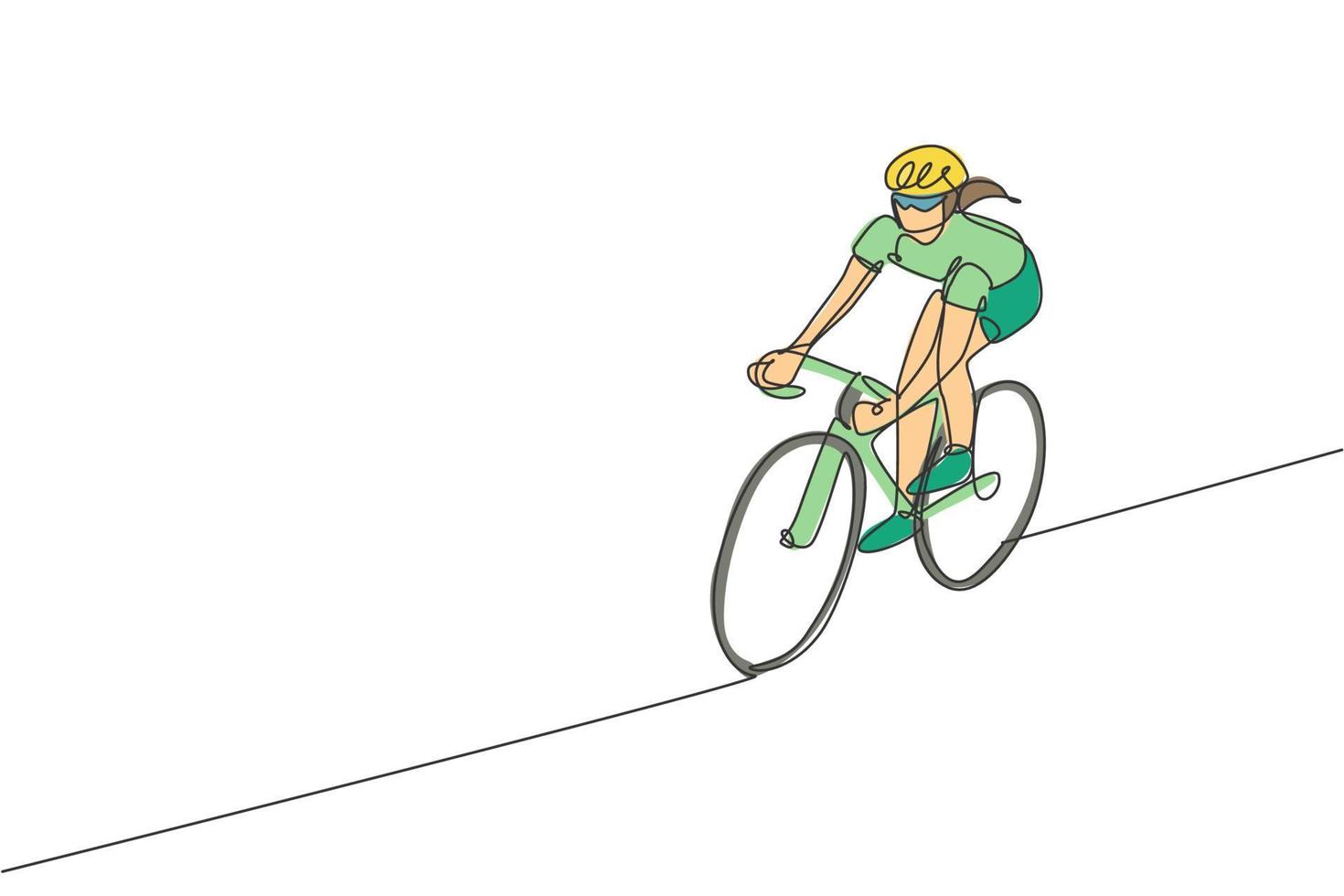 One continuous line drawing of young sporty woman bicycle racer focus train her skill at cycling track. Road cyclist concept. Single line draw design vector illustration for cycling competition poster