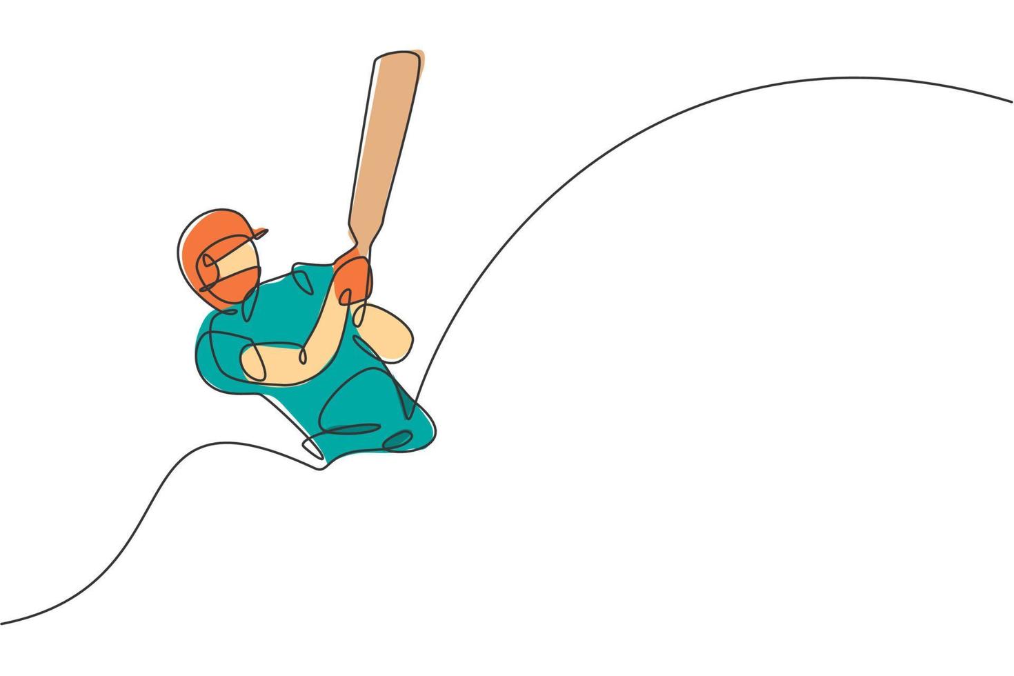 One continuous line drawing of young happy man cricket player focus to train cricket bat swing vector illustration. Competitive sport concept. Dynamic single line draw design for advertisement poster