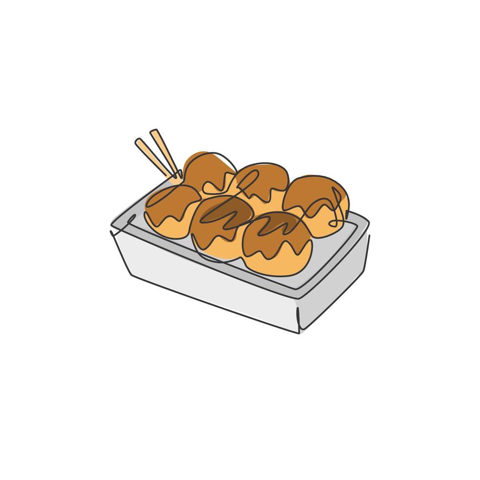 un dibujo de una sola línea del gráfico de ilustración vectorial del logotipo de la bola de takoyaki japonés fresco. menú de cafetería de mariscos y concepto de placa de restaurante. diseño de dibujo de línea continua moderna logotipo de comida callejera vector