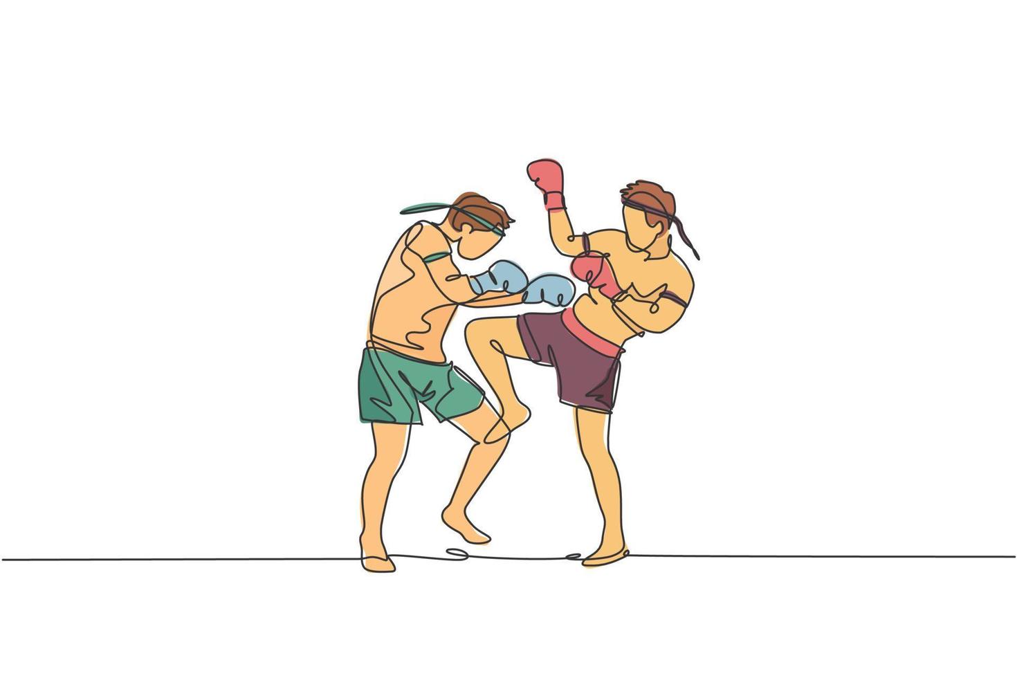 One continuous line drawing of two young sporty muay thai boxer men preparing to fight sparring, duel at box arena. Fighting sport game concept. Dynamic single line draw design vector illustration