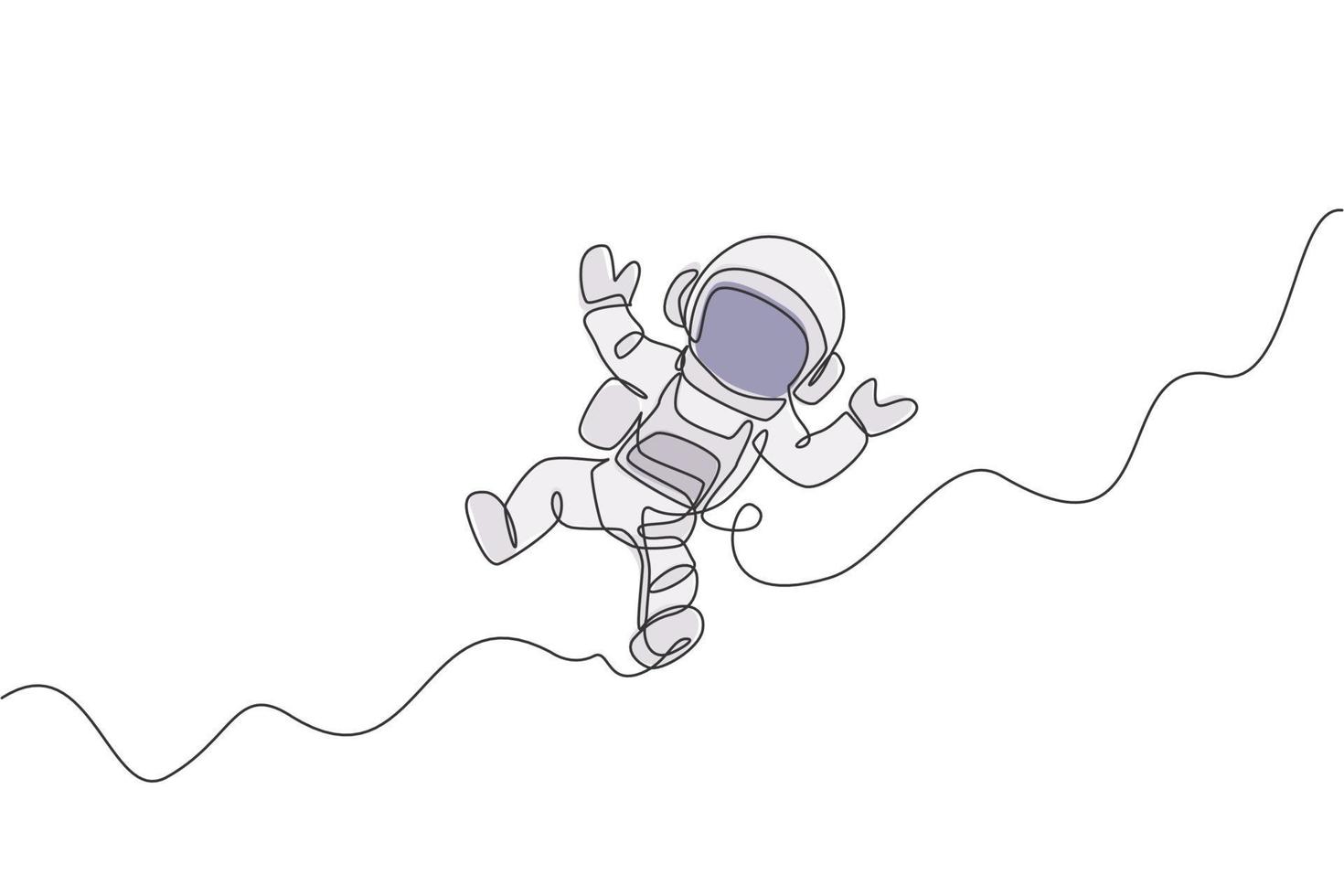 One continuous line drawing of young astronaut scientist exploring outer space in retro style. Spaceman cosmos discovery concept. Dynamic single line draw graphic design vector illustration