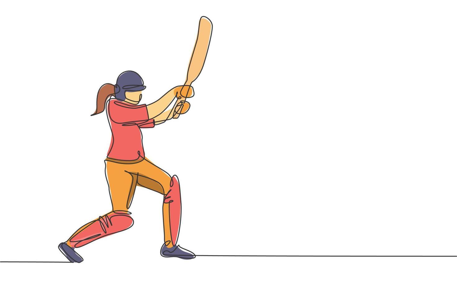 un dibujo de una sola línea de una joven jugadora de críquet enérgica parada y golpeando la pelota tan fuerte ilustración vectorial. concepto de deporte diseño moderno de dibujo de línea continua para banner de competencia de cricket vector