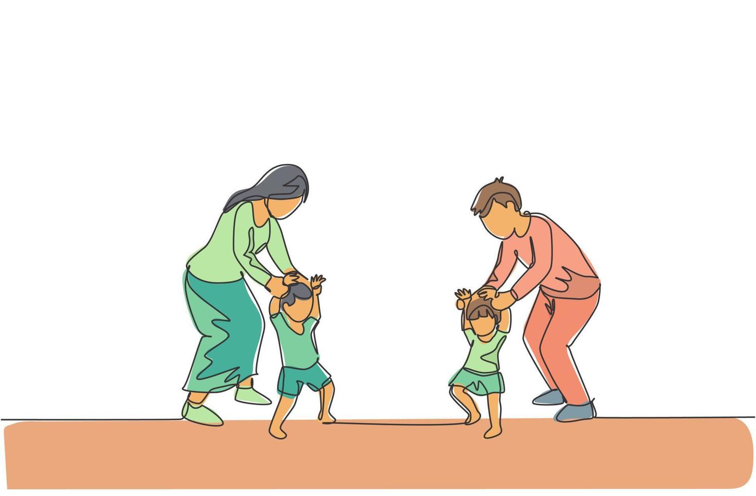 un dibujo de una sola línea de padres jóvenes que enseñan a sus hijos gemelos a caminar en la ilustración de vector de casa. concepto de crianza de los hijos de familia feliz. diseño moderno de dibujo de línea continua