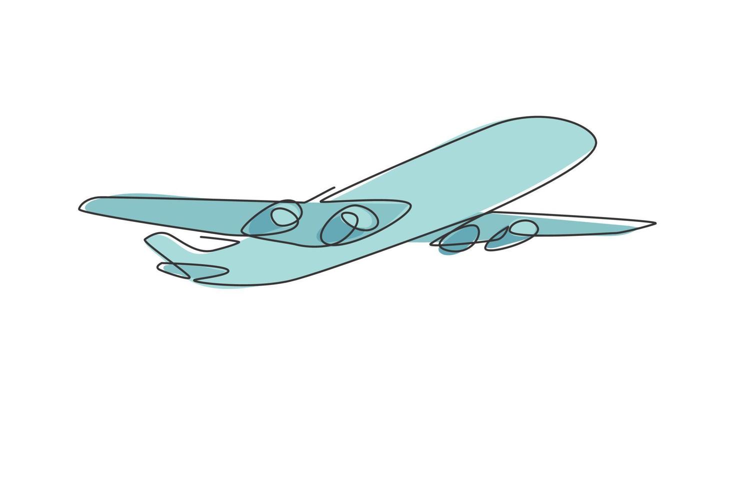 Airplane symbol. Single continuous line big flying jet plane on sky graphic icon. Simple one line doodle for transport concept. Traveling vector illustration minimalist design on white background