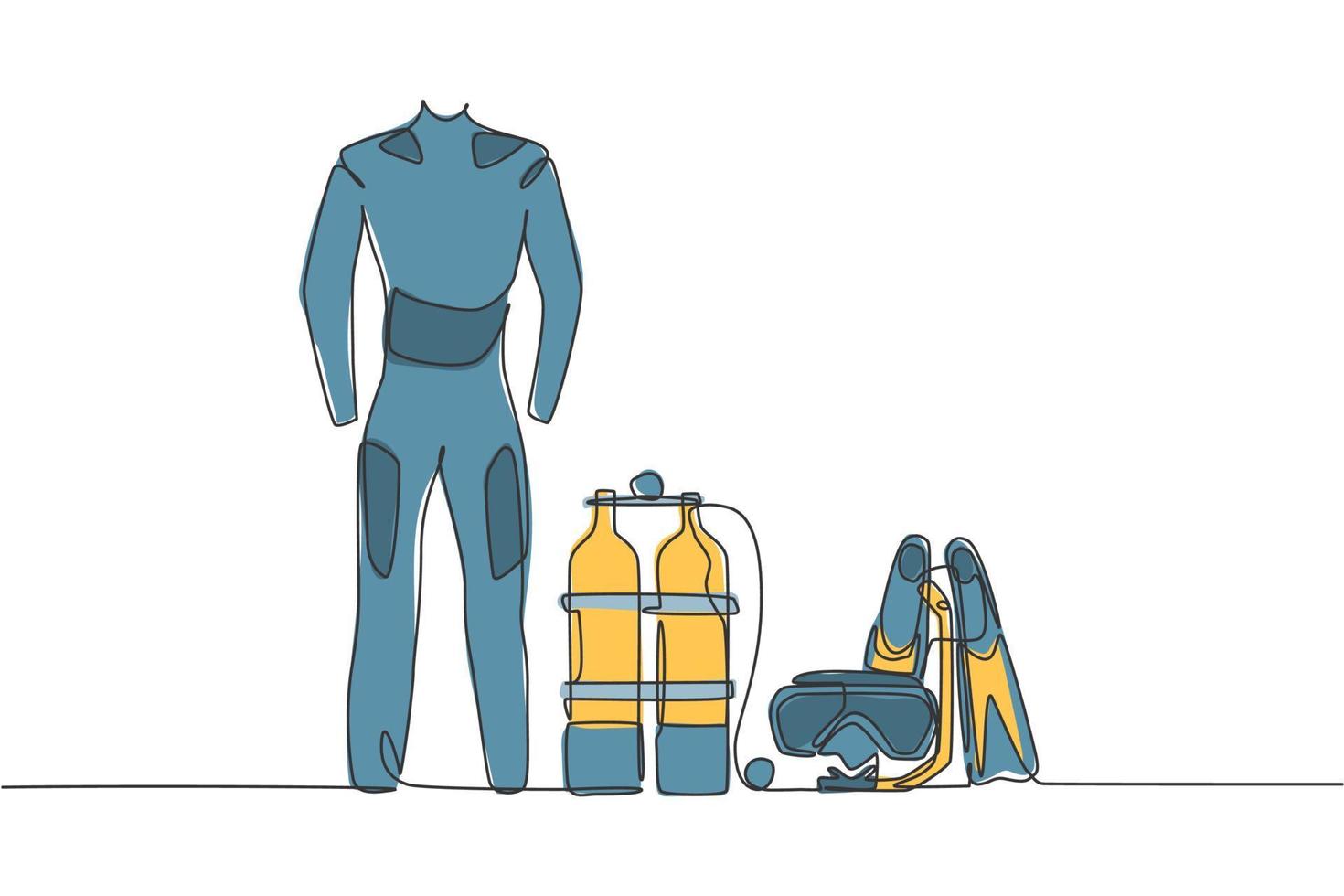 Single continuous line drawing of wetsuit, swimsuit, regulator, oxygen, mask, snorkel, goggle and fins. Underwater sport scuba diving equipment tools concept. One line draw design vector illustration
