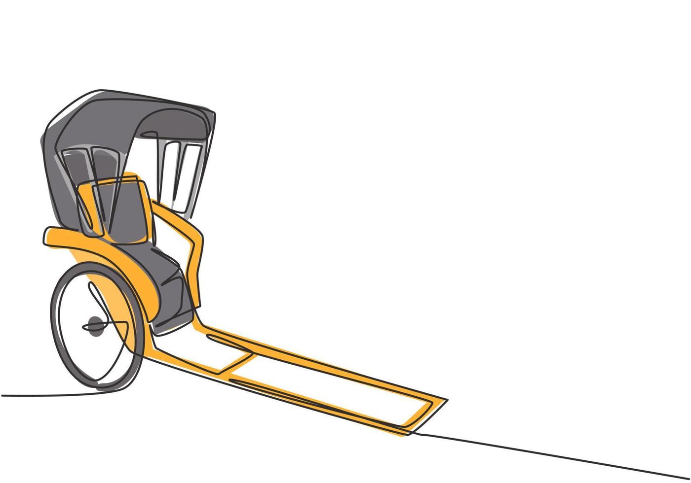 Continuous one line drawing pulled rickshaw vehicles that are a part of history in China and Japan with two wheels and being towed by humans. Single line draw design vector graphic illustration.