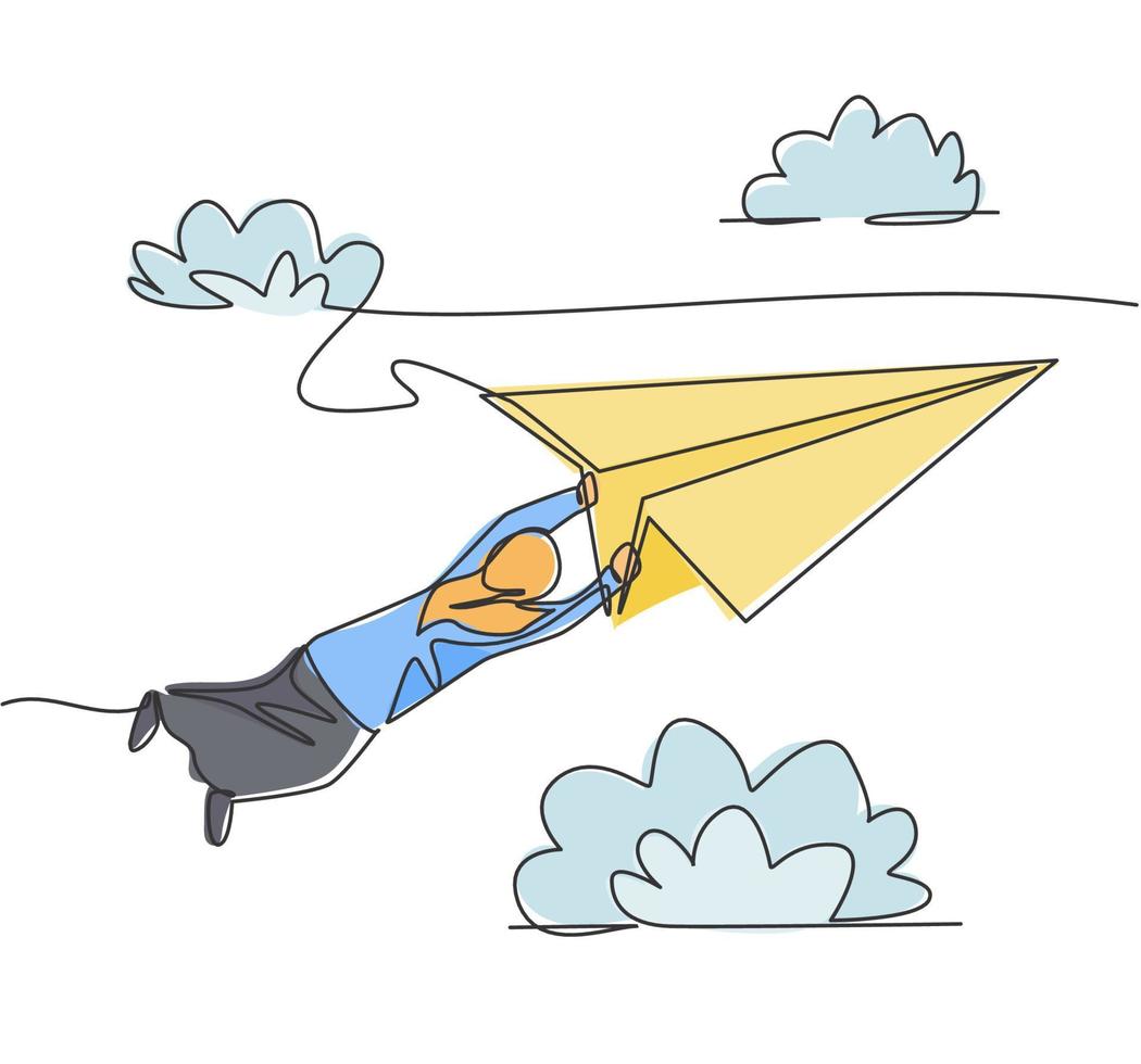 Single continuous line drawing young Arab business woman hanging on flying paper plane into the sky. Minimalism metaphor concept. Dynamic one line draw graphic design vector illustration