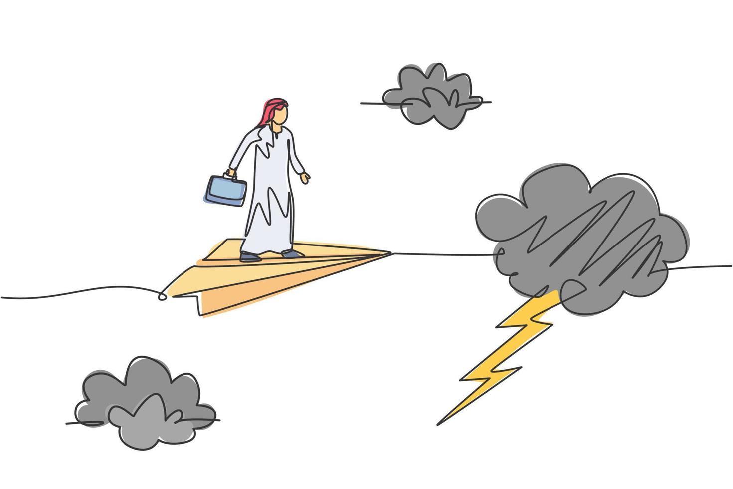 Single continuous line drawing of young Arabian business man entering thunderstorm with flying paper airplane. Minimalism metaphor concept. Dynamic one line draw graphic design vector illustration